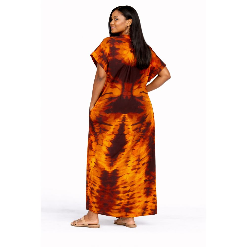 Womens Orange Tie Dye Loose Maxi Dress